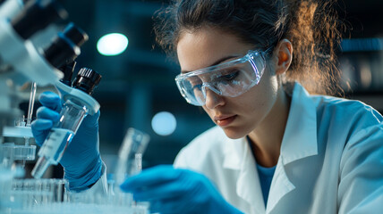 A  pharmaceutical scientists in a laboratory, wearing lab coats and safety goggles, analyzing lab results.