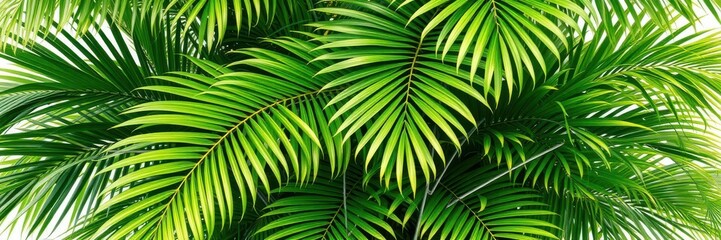 Lush green tropical palm leaves creating a vibrant and exotic backdrop, tropical flora