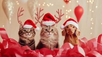 A close-up of three cats wearing reindeer antler crowns, Santa hats and red ribbons, decorated with red ribbons or garlands.