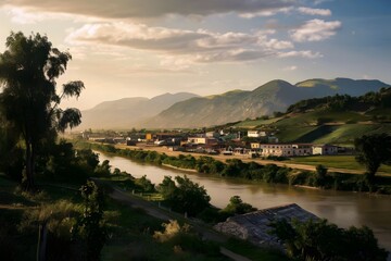 Obraz premium River Valley Landscape with Houses and Green Hills. Generative AI