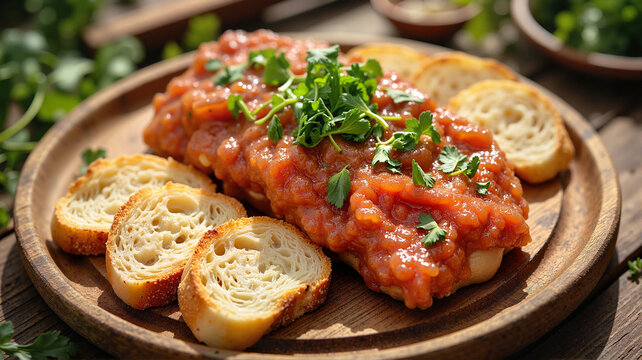 Bruschetta with tomato sauce and fresh herbs on wooden plate