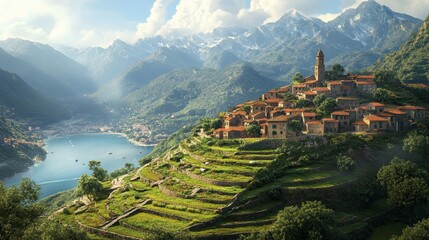 Terraced hillsides over village in coastal landscape
