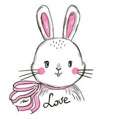 Hand drawn cute bunny, rabbit with bow and the inscription love. Vector illustration in cartoon style