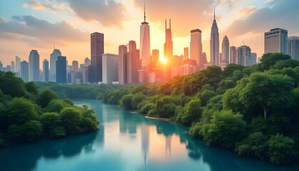 Obraz premium Cityscape Sunset Over River With Lush Green Trees. Generative AI