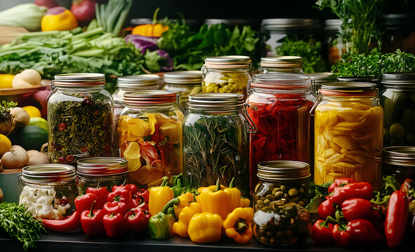 A variety of colorful jars filled with preserved vegetables and herbs, displayed alongside fresh produce.