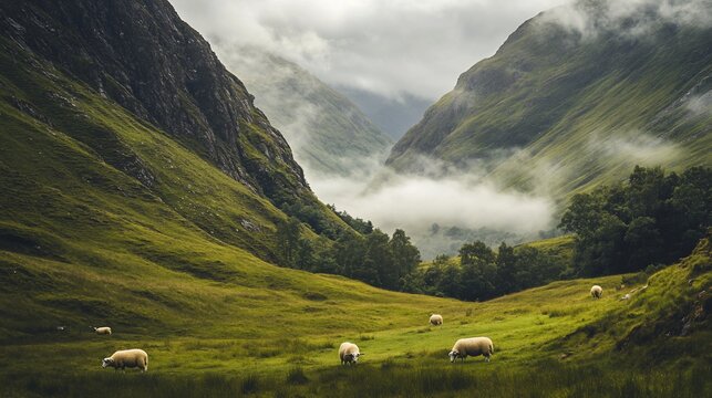 A flock of sheep grazing in a lush green valley, surrounded by misty mountains.