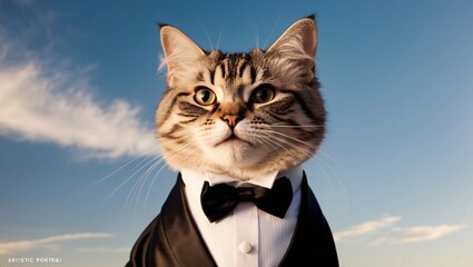 Gentle Scottish Fold Cat in Formal Attire, Showcasing Charming Smile Against a Clear Sky Background, Perfect for Pet Photography and Feline Enthusiasts