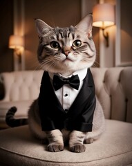 Charming Scottish Fold Cat in Elegant Tuxedo with Gentle Smile Posing on Plush Couch in Cozy, Soft-lit Living Room Decor