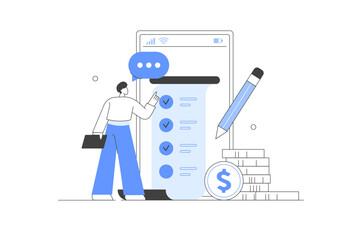Character Calculating Long Bill or Invoice Online, Filling From, Analyzing Financial Data. Income Management Concept. Vector Illustration, icon. Stylish, Minimalist 