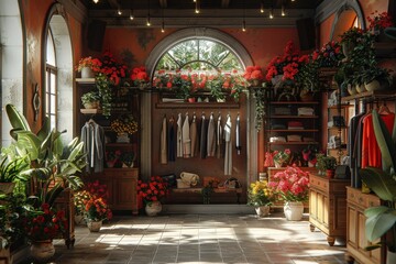 Obraz premium Charming Boutique with Abundant Floral Arrangements and Stylish Clothing Display Framed by Arched Windows in Cozy Atmosphereboutique