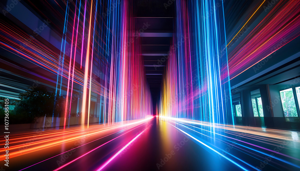 Poster vibrant colors of laser light create bright streaks and abstract motion blur in vertical pr_1(722)