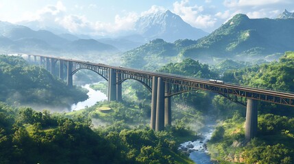 A long bridge with cars driving on it, overlooking a valley with mountains in the background.