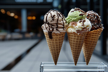 Three ice cream cones, one with chocolate and white topping, the other red with green sprinkles on it