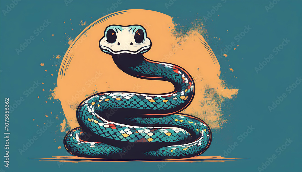 Poster vector snake design with a flat cute kawaii simple grunge distressed print on demand style _1(720)