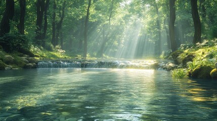 Fototapeta premium Serene forest scene with a gentle stream and sunlight filtering through trees.
