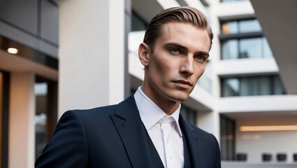 Fototapeta premium Sophisticated European Male Concierge in a Modern Architectural Setting Showcasing Elegance and Style with a Confident Expression