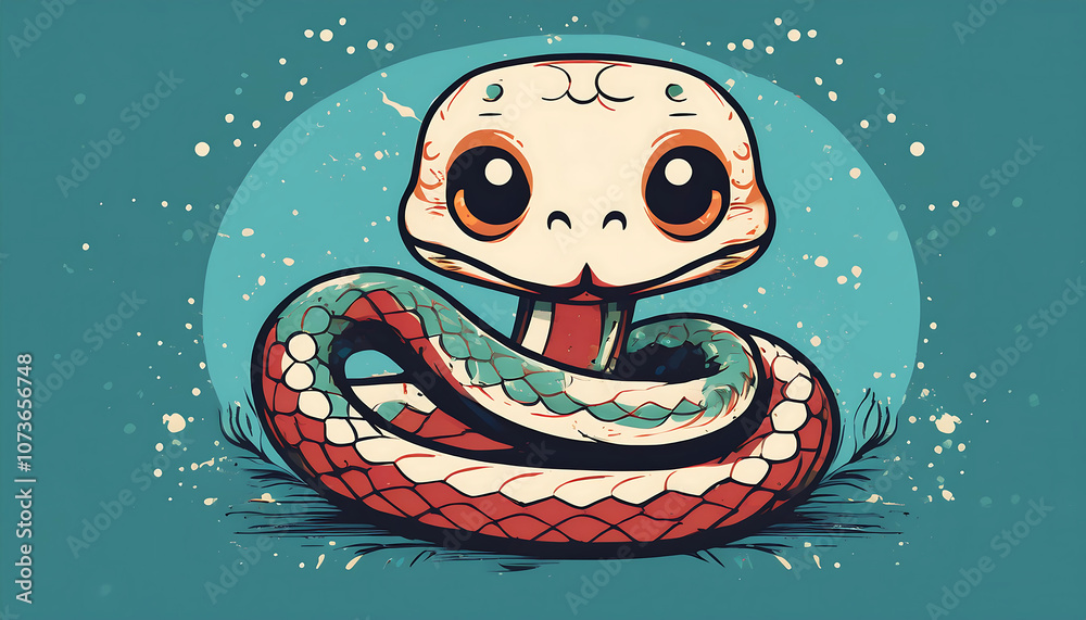Poster vector snake design with a flat cute kawaii simple grunge distressed print on demand style _1(718)