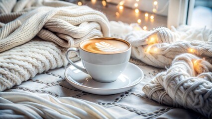 Cozy caramel macchiato with latte art and knit blankets