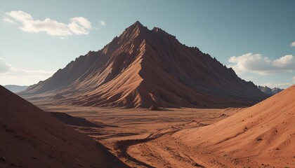A bleak clay mountain where shadows stretch endlessly and a pale sky hangs above in stillness, Generative AI