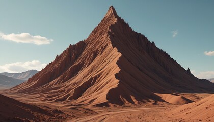 Naklejka premium A bleak clay mountain where shadows stretch endlessly and a pale sky hangs above in stillness, Generative AI