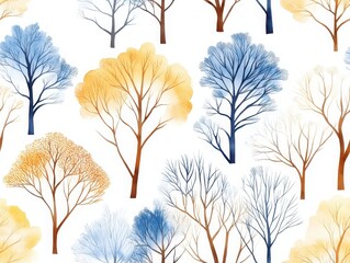 Fototapeta premium A vibrant watercolor pattern featuring trees in hues of blue, yellow, and orange against a white background, showcasing nature's beauty.