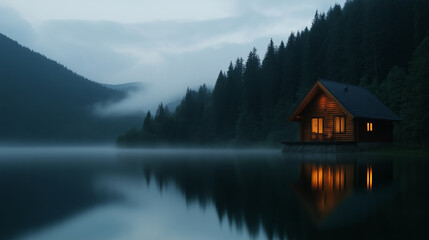 Fototapeta premium A cozy wooden cabin glows warmly by a misty lake, surrounded by dense pine forests, creating a serene and secluded retreat in nature.