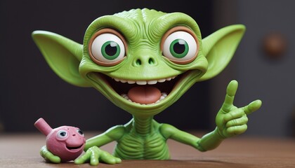 A cheerful green alien with wide eyes and a goofy grin, holding a tiny clay spaceship, Generative AI