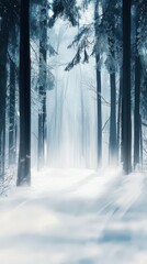 Fototapeta premium Explore the mystical beauty of a blurry snowy forest with soft light filtering through the trees