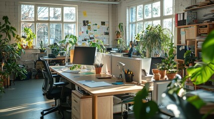 Enhance workplace productivity in a bright open office filled with plants and essential tools