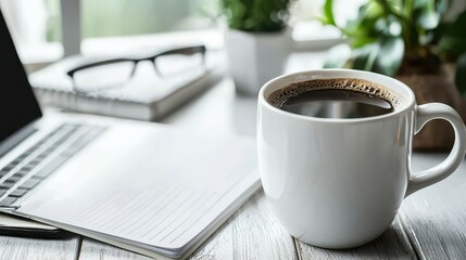 Create a productive workspace with a desk laptop planner and coffee mug