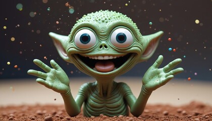 A giggling alien with round clay hands and wide, joyful eyes, surrounded by clay sparkles, Generative AI