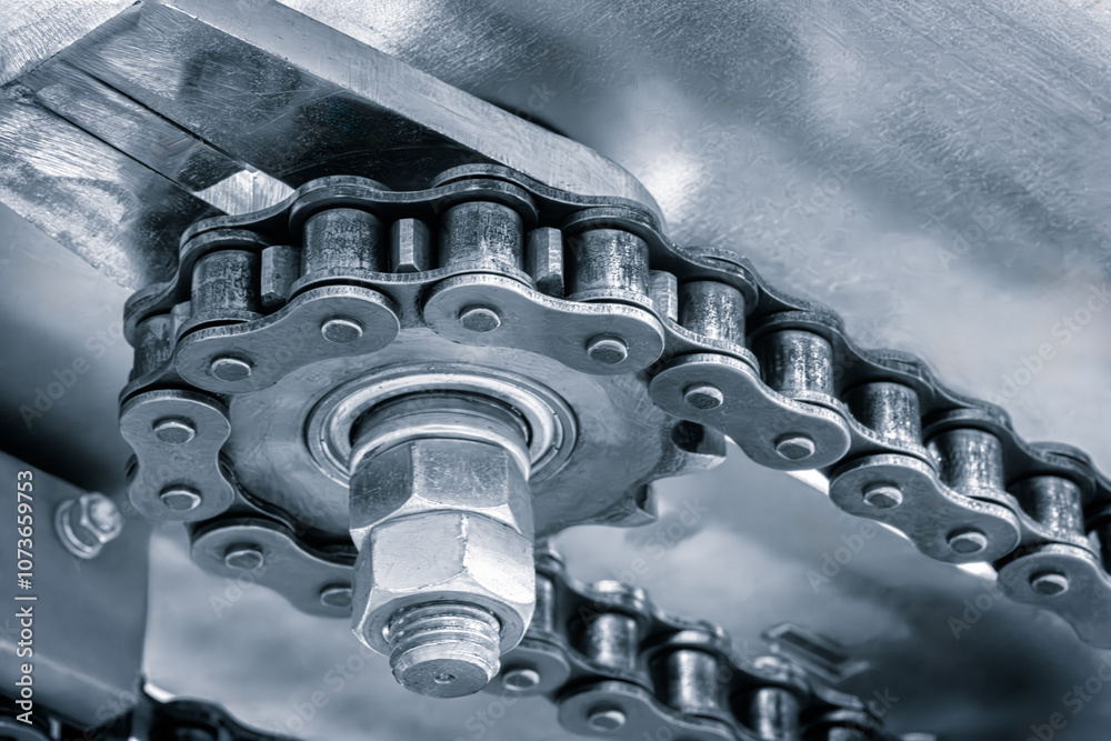 Poster A chain with a nut on it. The chain is silver and has many small holes. The chain is attached to a machine
