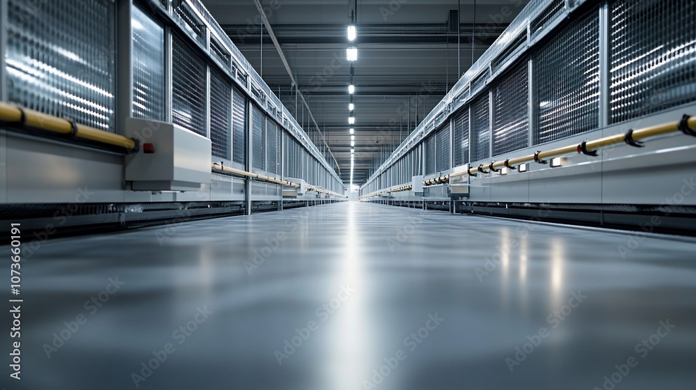 Poster a long, empty corridor in a modern industrial building with rows of metal cages on either side, lead