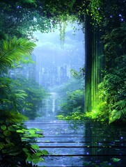 A doorway surrounded by lush greenery and nature that leads to a cityscape. 