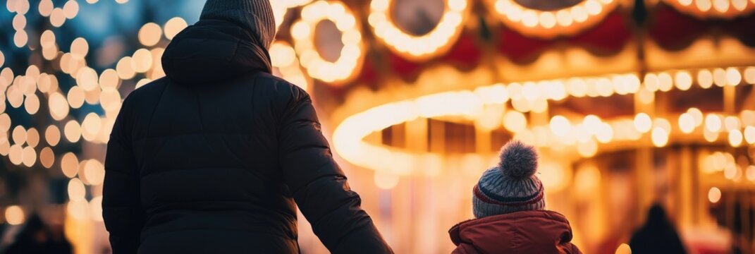Parent and Child Holding Hands at Carousel with Bright Lights