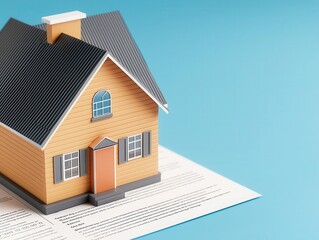 Home mortgage loan, financial paperwork, house with bank logo, 3D illustration