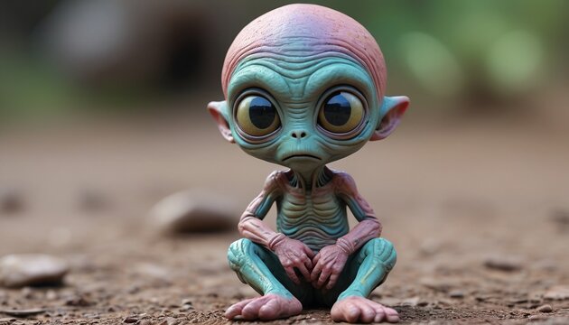 A small alien with a tear running down its cheek and arms wrapped around itself, Generative AI