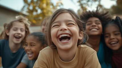 Group of Diverse Cheerful Multiethnic Children Outdoors in Schoolyard