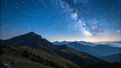 Mountain scene at twilight with a clear view of the starry sky