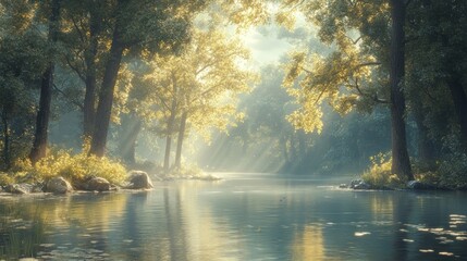 Obraz premium Serene forest landscape with sunlight filtering through trees.
