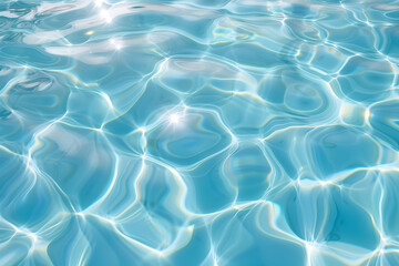 It is a photo of a swimming pool with ripples of water and sunlight shining through the water. The water is blue and clear.