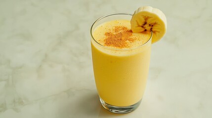 Refreshing Banana Smoothie with Cinnamon Garnish Served in Clear Glass on Marble Background, Ideal for Healthy Lifestyle and Summer Refreshment