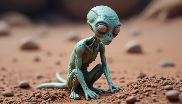 A small, mournful alien staring at the ground, with a slouch and closed eyes, Generative AI