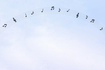 薄っすら雲がかかった空にカラフルな五線譜の虹がかかる音楽の背景