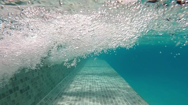 Underwater in a swimming pool with sun rays and jacuzzi bubbles. Spa, relaxation and travel concept.