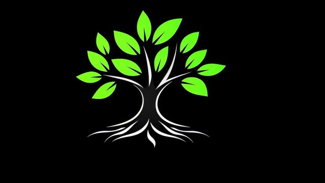 A stylized green tree with white roots stands out against a black background