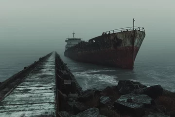 A large, rusted shipwreck sits in the fog, partially submerged, just offshore of a long pier.