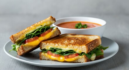 Grilled cheese sandwich with tomato and spinach on a plate