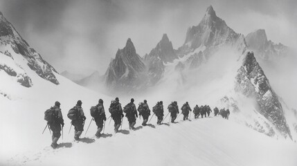 A group of mountaineers traverse a snowy mountain range in a single file line, their figures dwarfed by the vastness of the peaks.