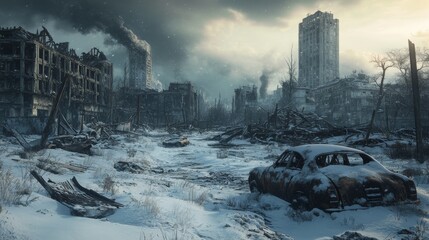 A desolate cityscape with a car in the snow. Scene is bleak and desolate. Nuclear winter concept